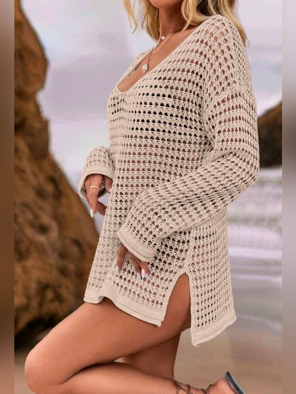 New Sheer Crochet Knit Long Sleeve Top Cover Up Khaki Tan